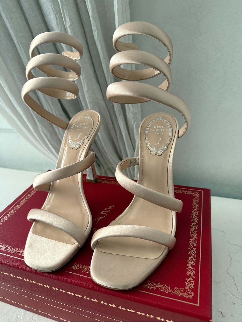 Rene Caovilla Spiral-Strap Satin Heels in Nude - 38